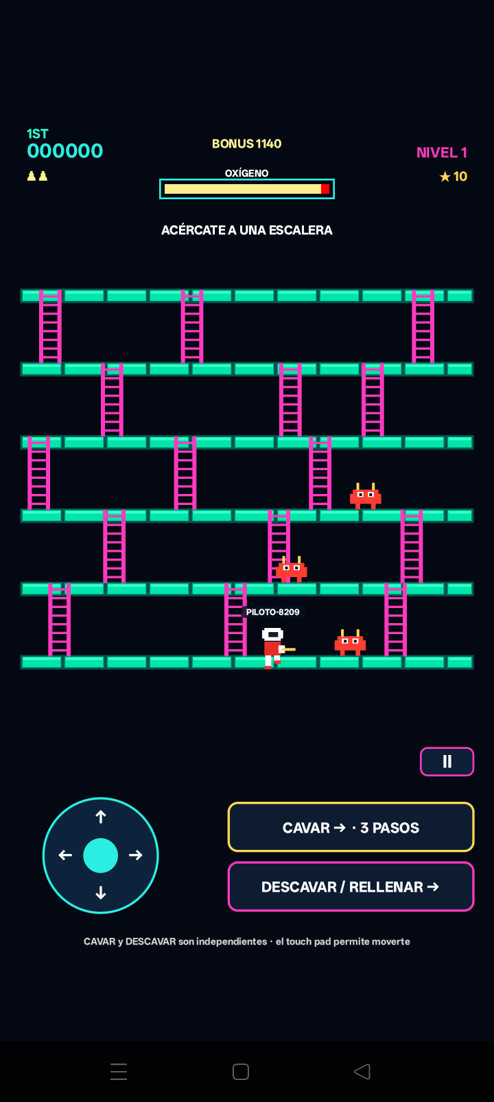 Partida real de Thespace Panic con seis plataformas, escaleras, invasores y controles táctiles