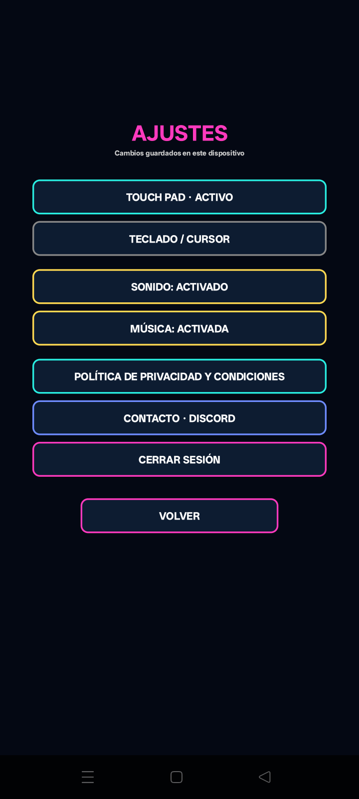 Pantalla de ajustes real de Thespace Panic